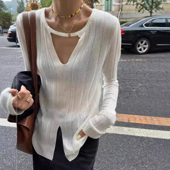 Irregular V-Neck Lazy Loose Knit Sweater with Split Hem Long Sleeve Top