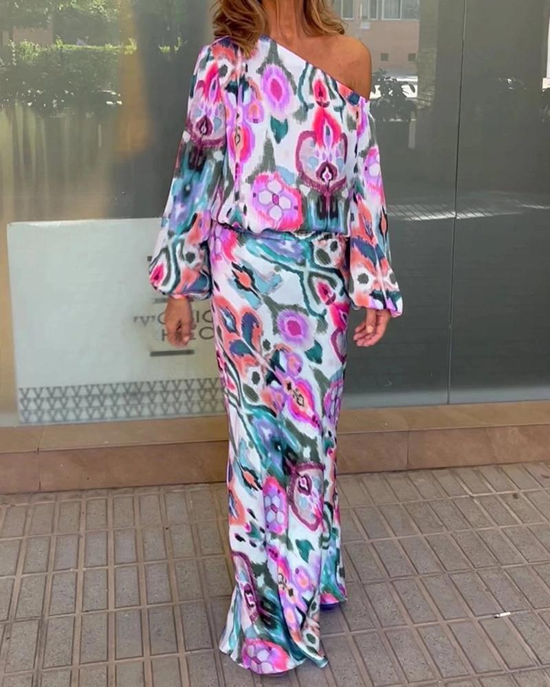 Women's Floral Print Long Sleeve Off-Shoulder Top and Mermaid Maxi Skirt Set