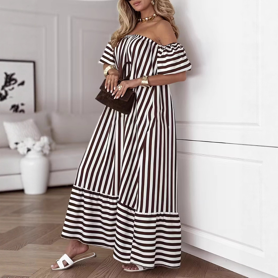 Elegant Off-Shoulder Striped A-Line Maxi Dress with Flared Sleeves