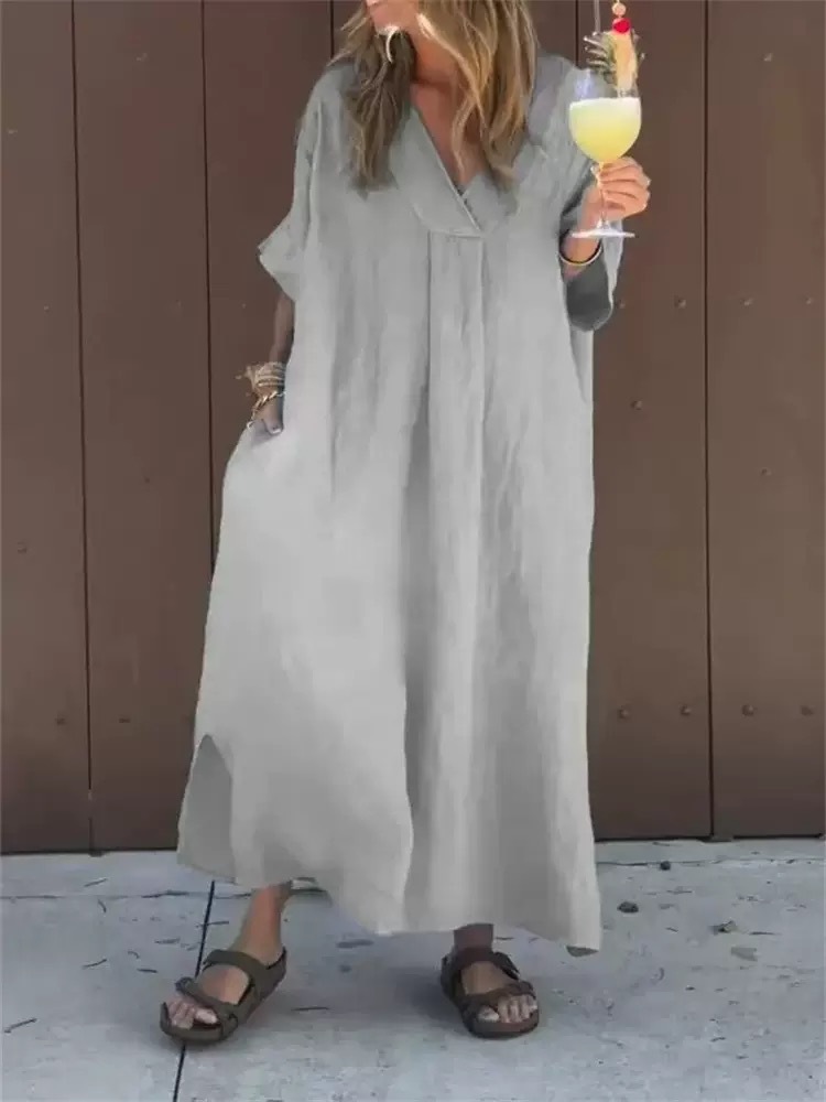 Women's Casual Short Sleeve V-Neck Solid Color Long Dress