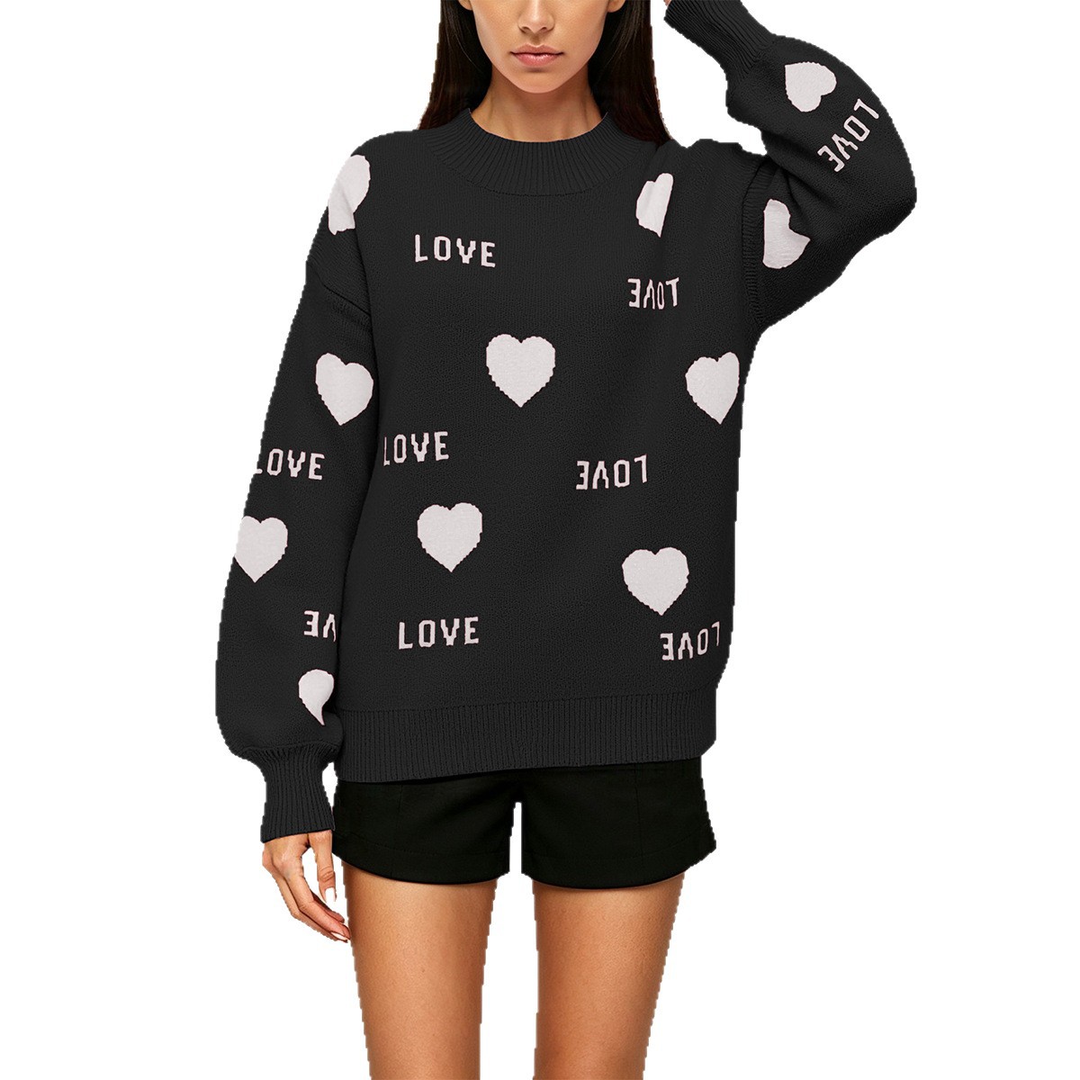 Heart Jacquard Pullover Sweater Crew Neck Loose Fit