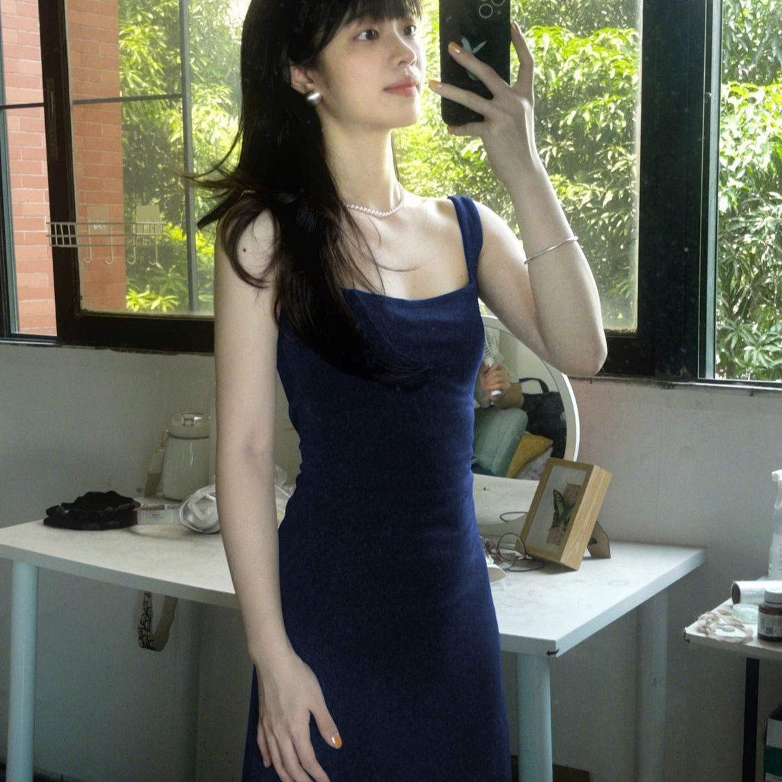 Navy Square Neck Sleeveless Bodycon Midi Dress