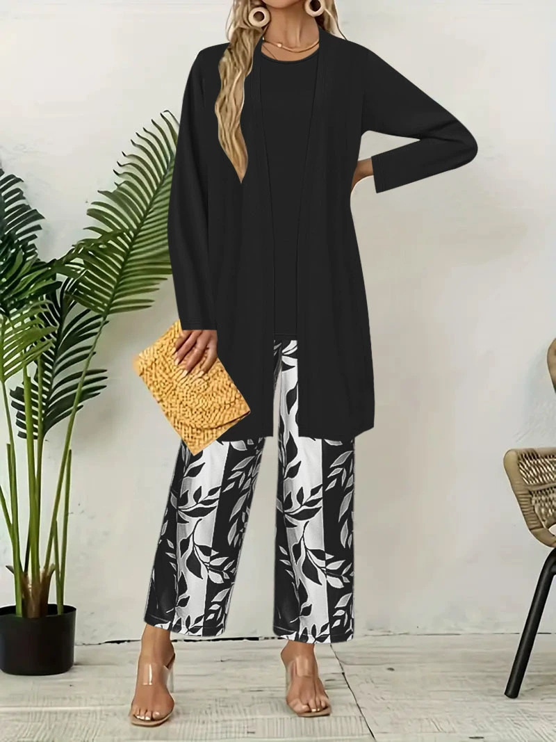 Floral Print 3-Piece Women's Set: Cardigan, Tank Top & Wide-Leg Pants