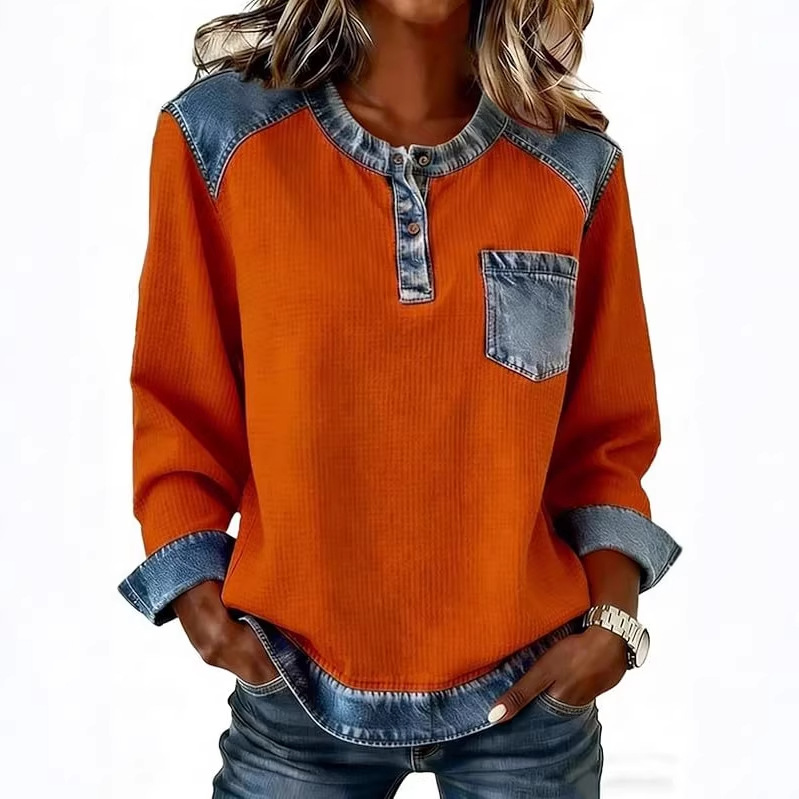 Faux Denim Patchwork Button Pocket Long Sleeve Crewneck Top