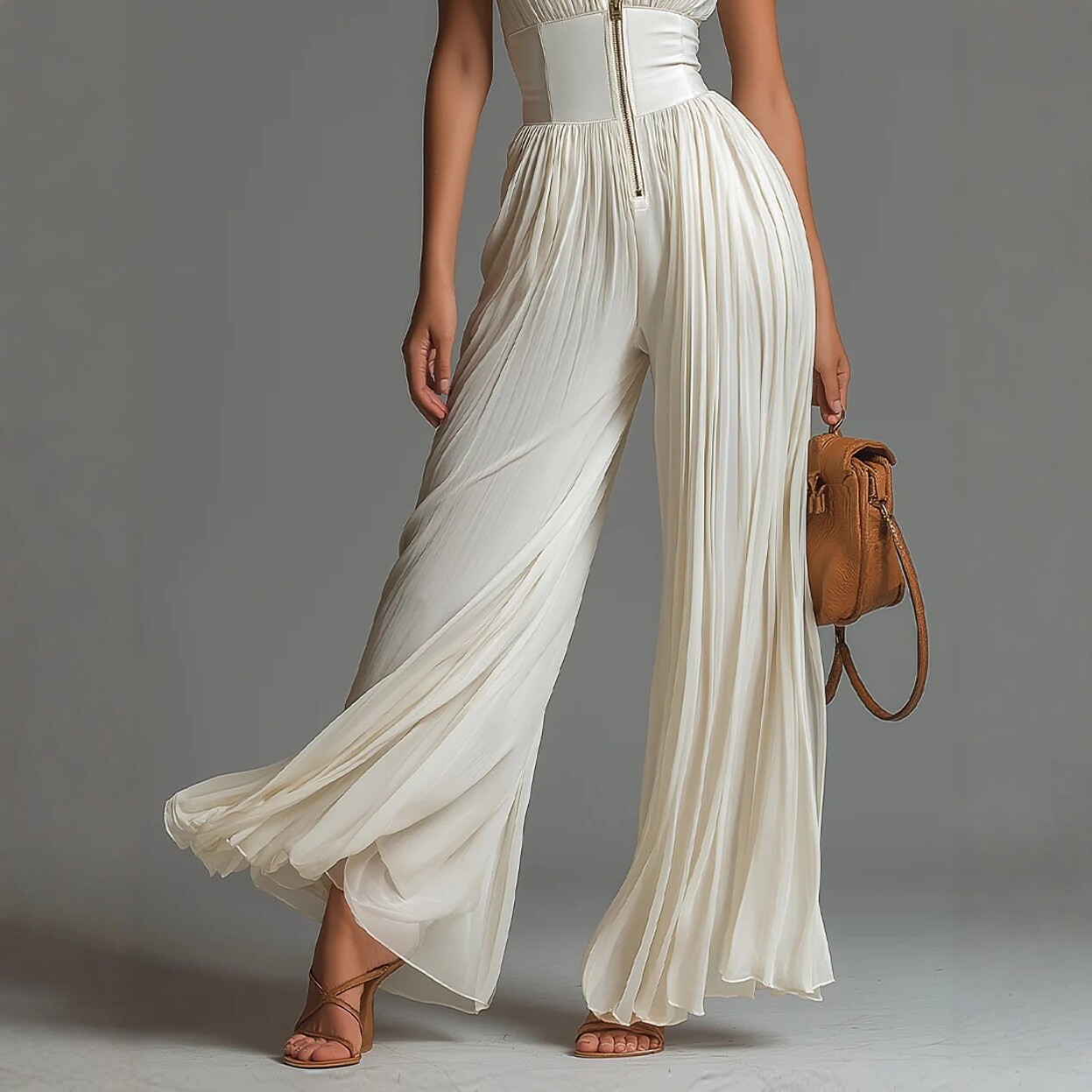 White Pleated Halter Wide-Leg Jumpsuit for Women