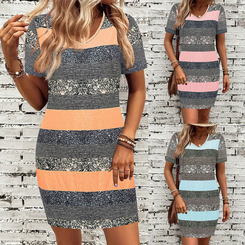 Women's Striped Print Casual Dress Round Neck Short Sleeve A-Line Midi