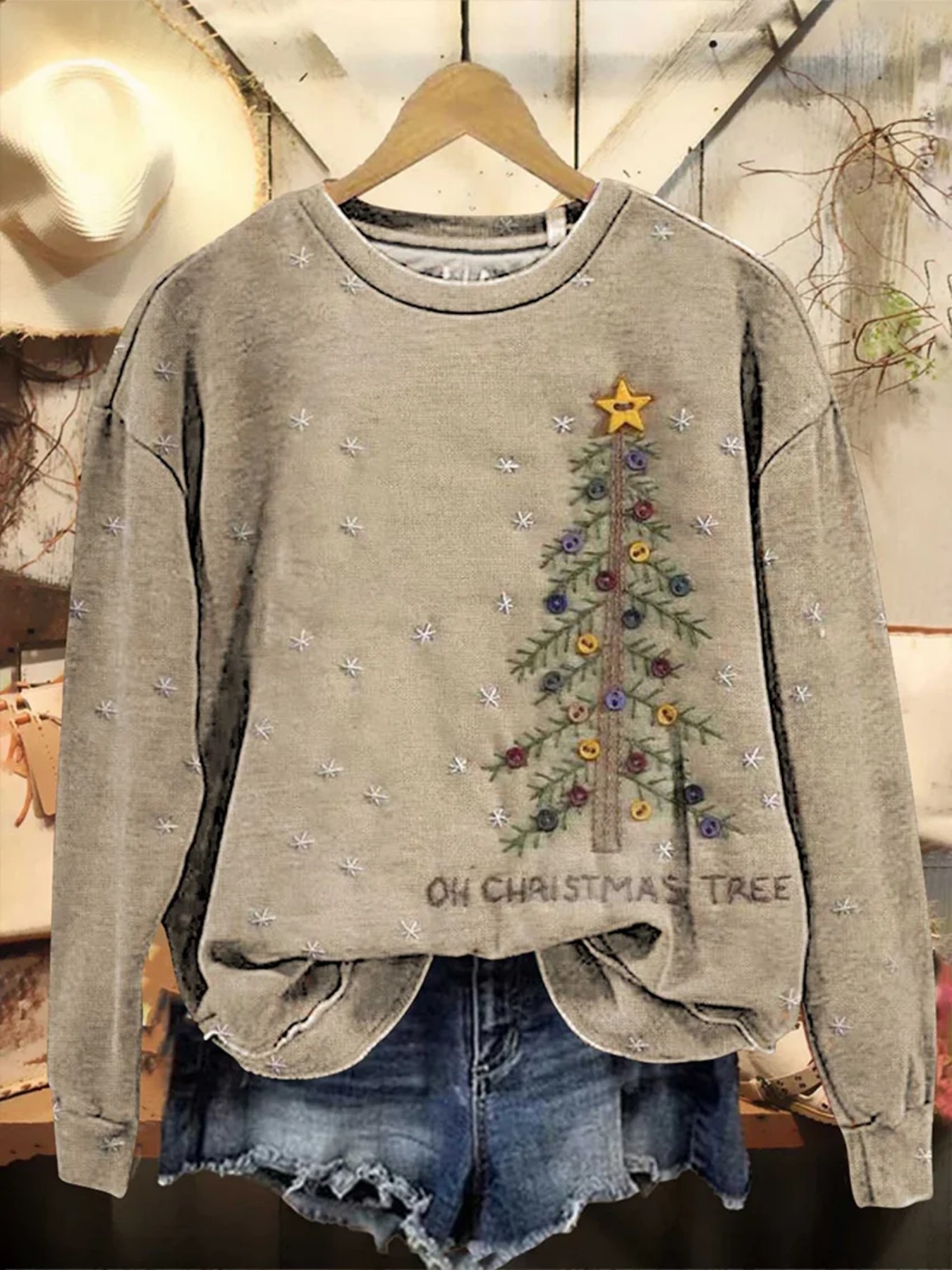 Christmas Tree Print Crewneck Long Sleeve Pullover Sweatshirt