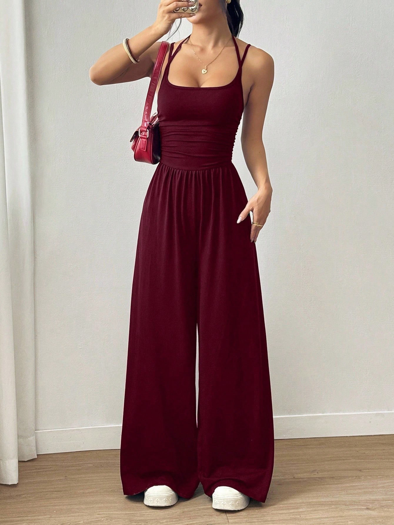 Solid Color Sleeveless Wide-Leg Jumpsuit with Cami Top