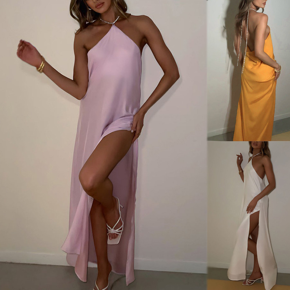 Satin Halter Neck Backless High Slit Bodycon Long Dress