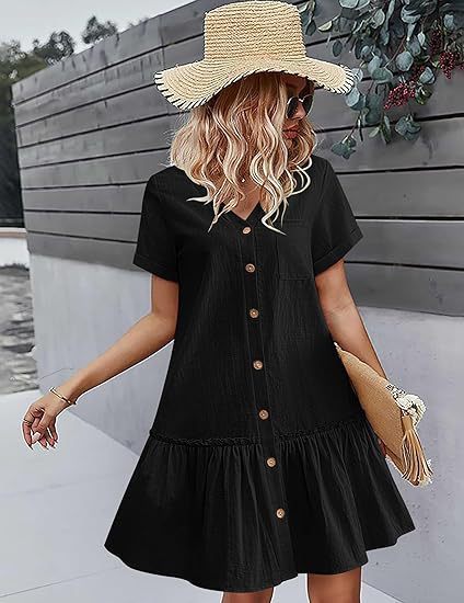 Women's Button-Front Cotton-Linen Midi Dress with Ruffle Hem and Short Sleeves