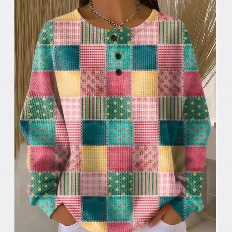 Women's Plaid Pumpkin Floral Butterfly Print Button Sweatshirt