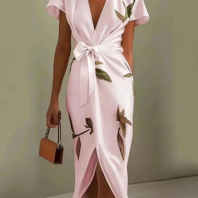 Satin Belted V-Neck Print Long Dress