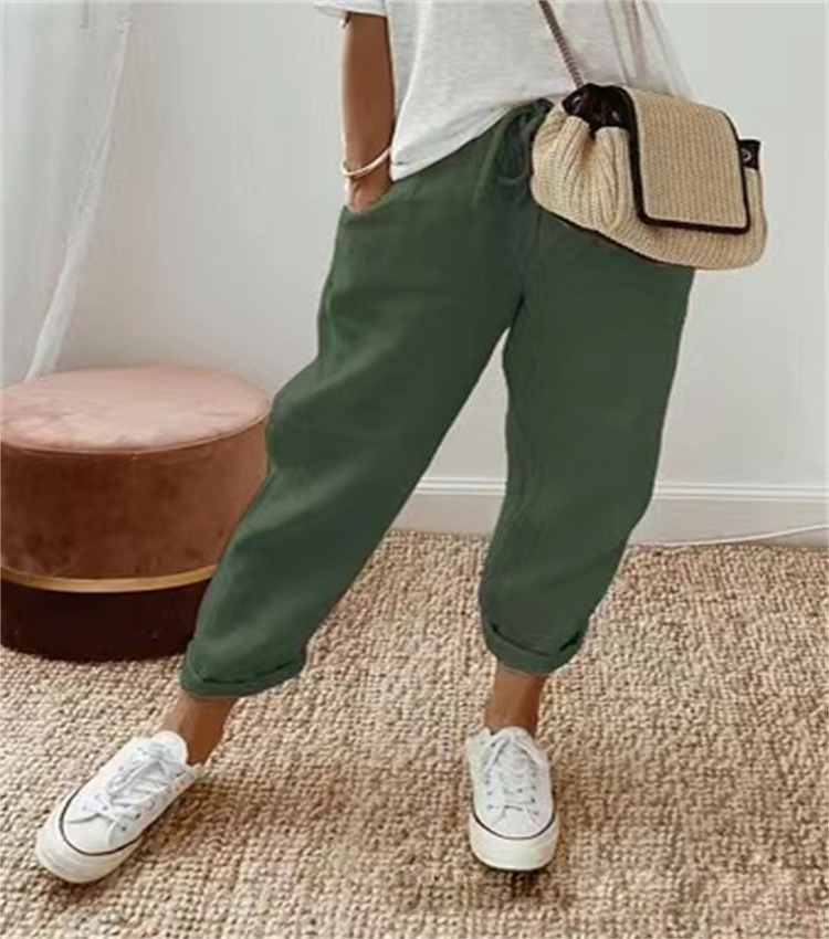 Women's Cotton-Linen Elastic Waist Cropped Pants Casual Loose Fit