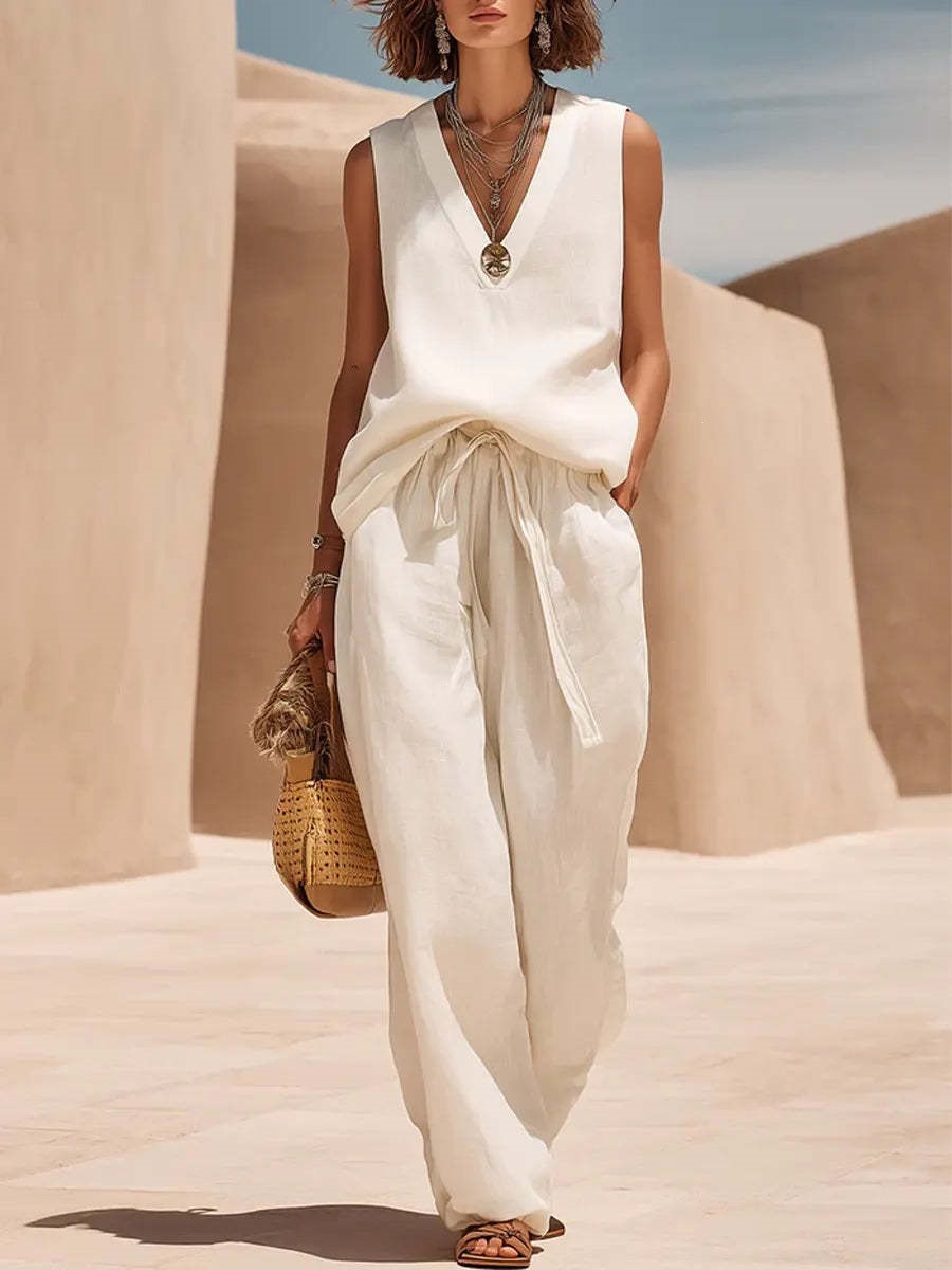 Women's Cotton-Linen Sleeveless V-Neck Two-Piece Set Casual Summer Outfit