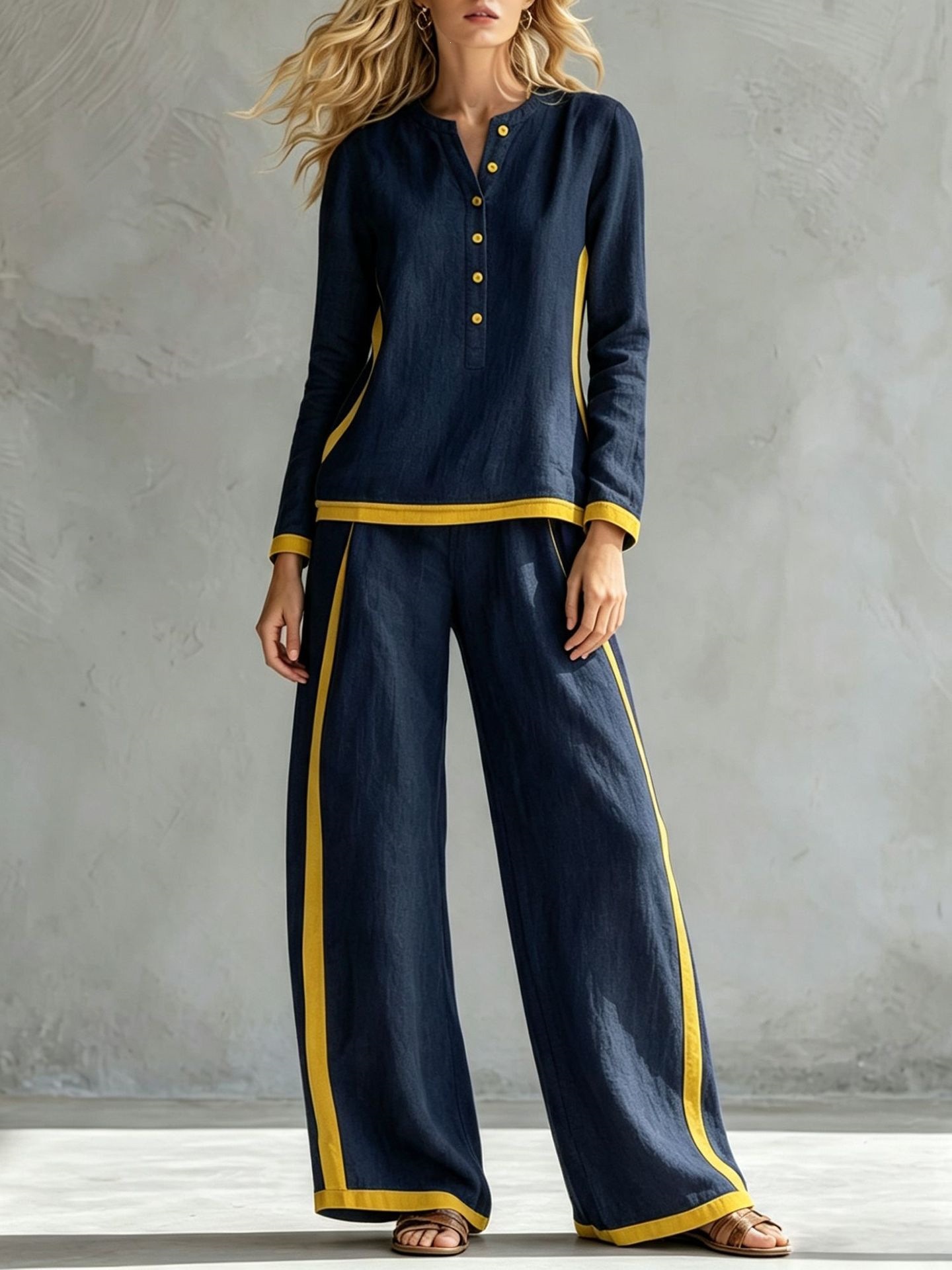Women's Colorblock Buttoned Half Cardigan & Wide-Leg Pants Set