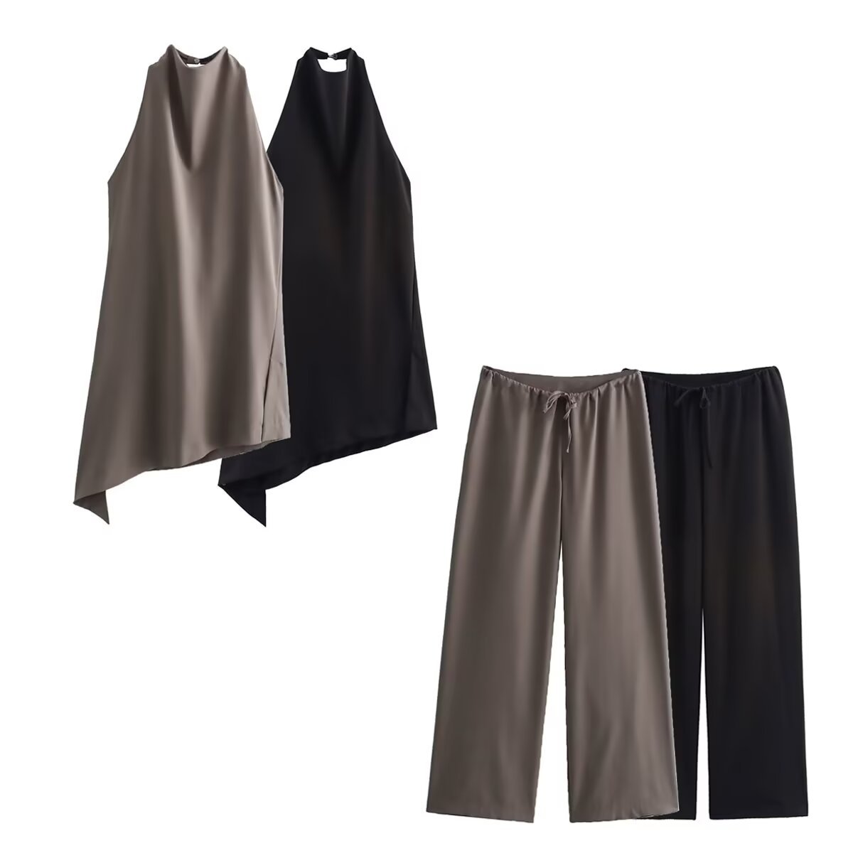 Women's Halter Neck Asymmetrical Top and Tie-Waist Pants Set