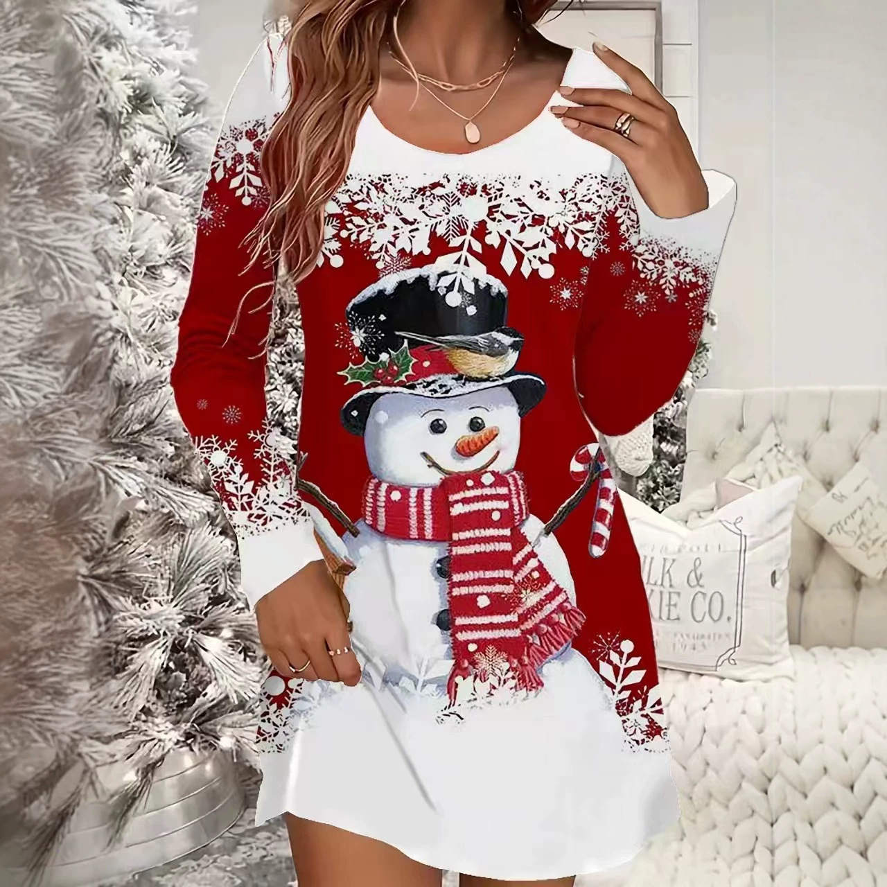 Christmas Snowflake & Tree Print Long Sleeve Crew Neck Dress