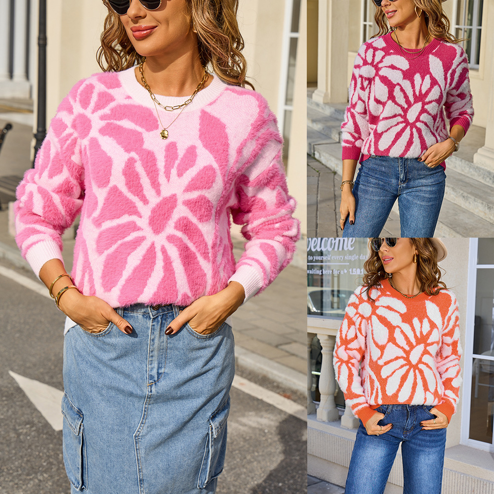 Faux Mink Floral Crewneck Pullover Sweater