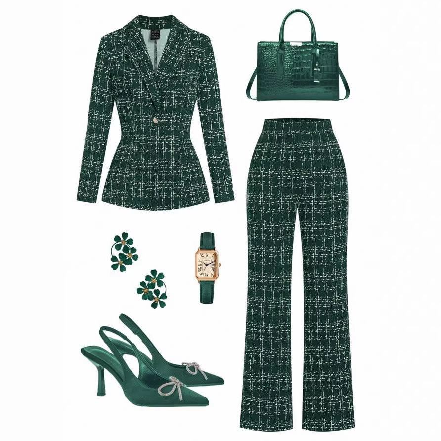 Women's Elegant Plaid Collared Long Sleeve Jacket and Pants Set