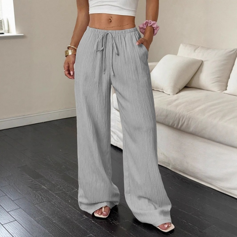 Women's Casual Textured Tie-Waist Wide-Leg Pants with Angled Pockets