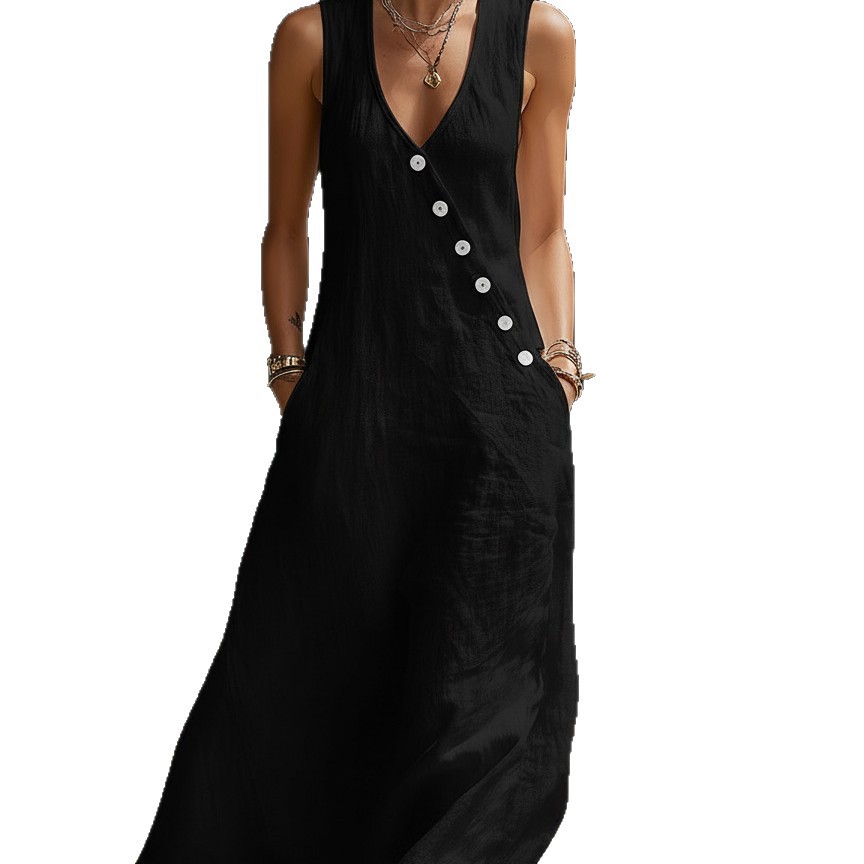 V-Neck Button-Front Cotton-Linen Sleeveless Maxi Dress
