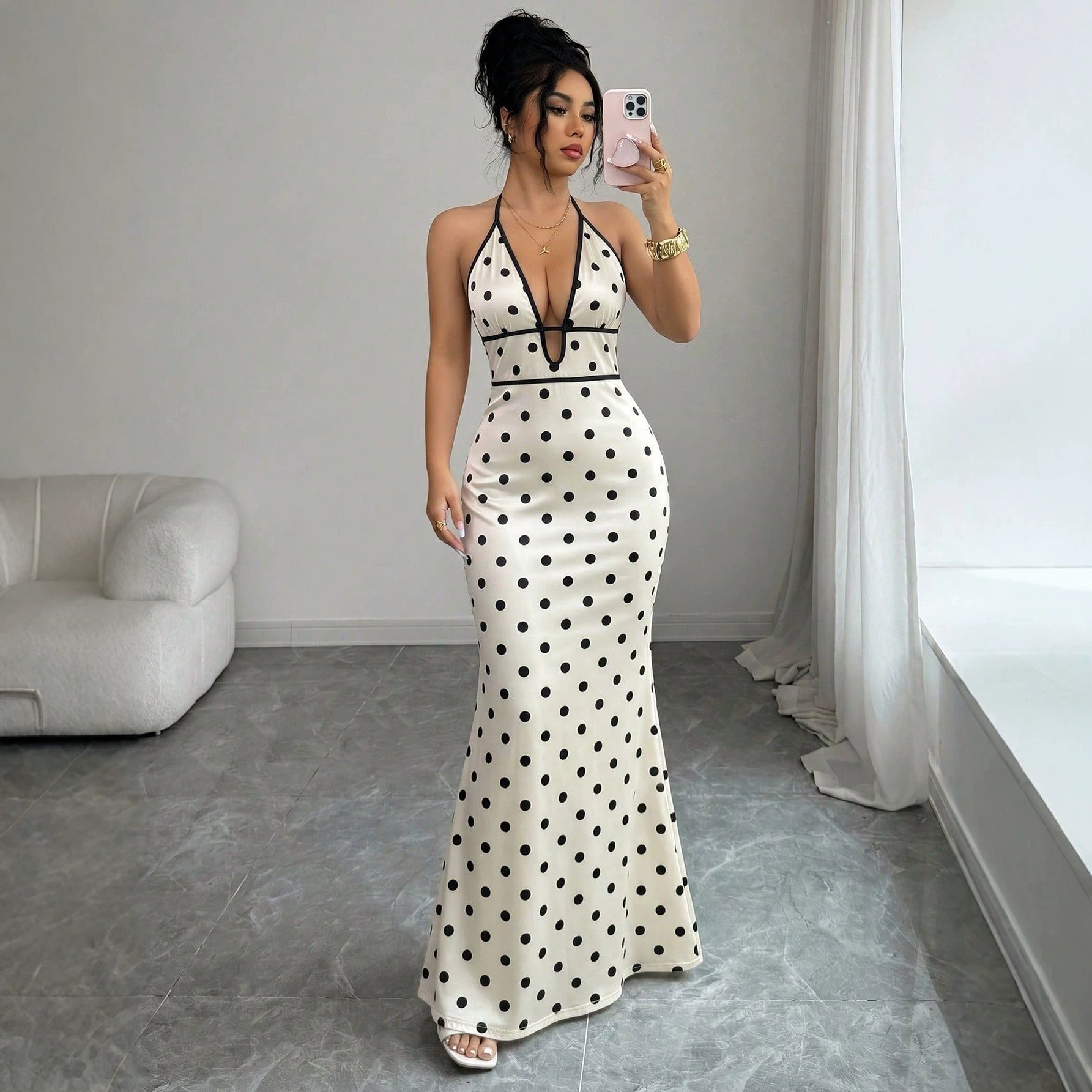 Polka Dot Halter Deep V Backless Tie Bodycon Maxi Dress