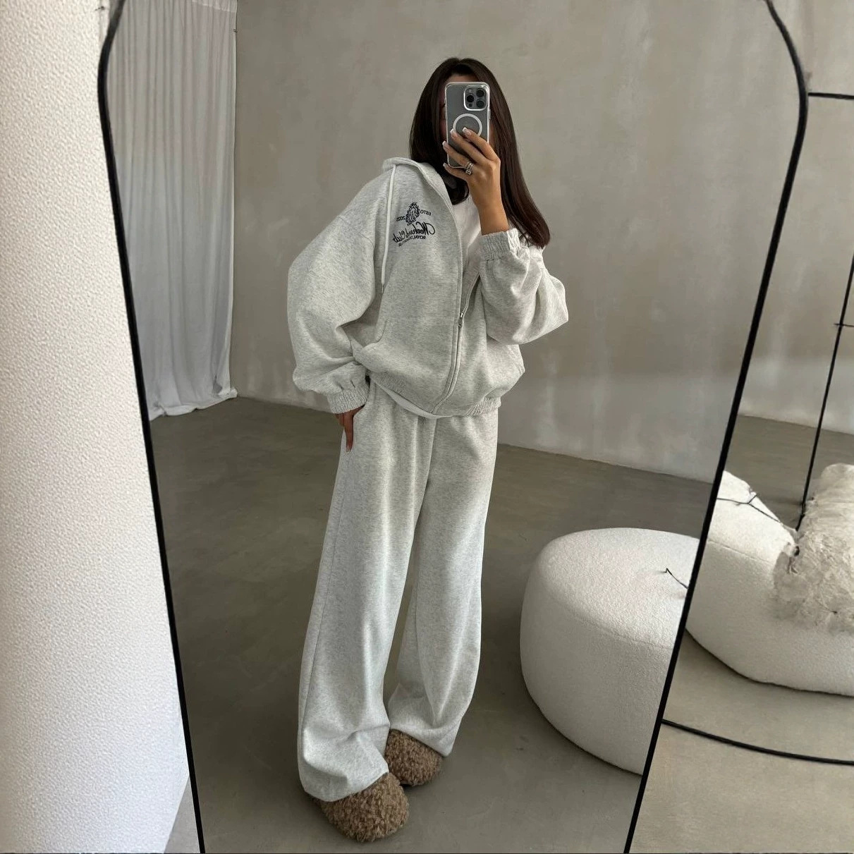 Women's Embroidered Zip-Up Hoodie and Pants Two-Piece Set