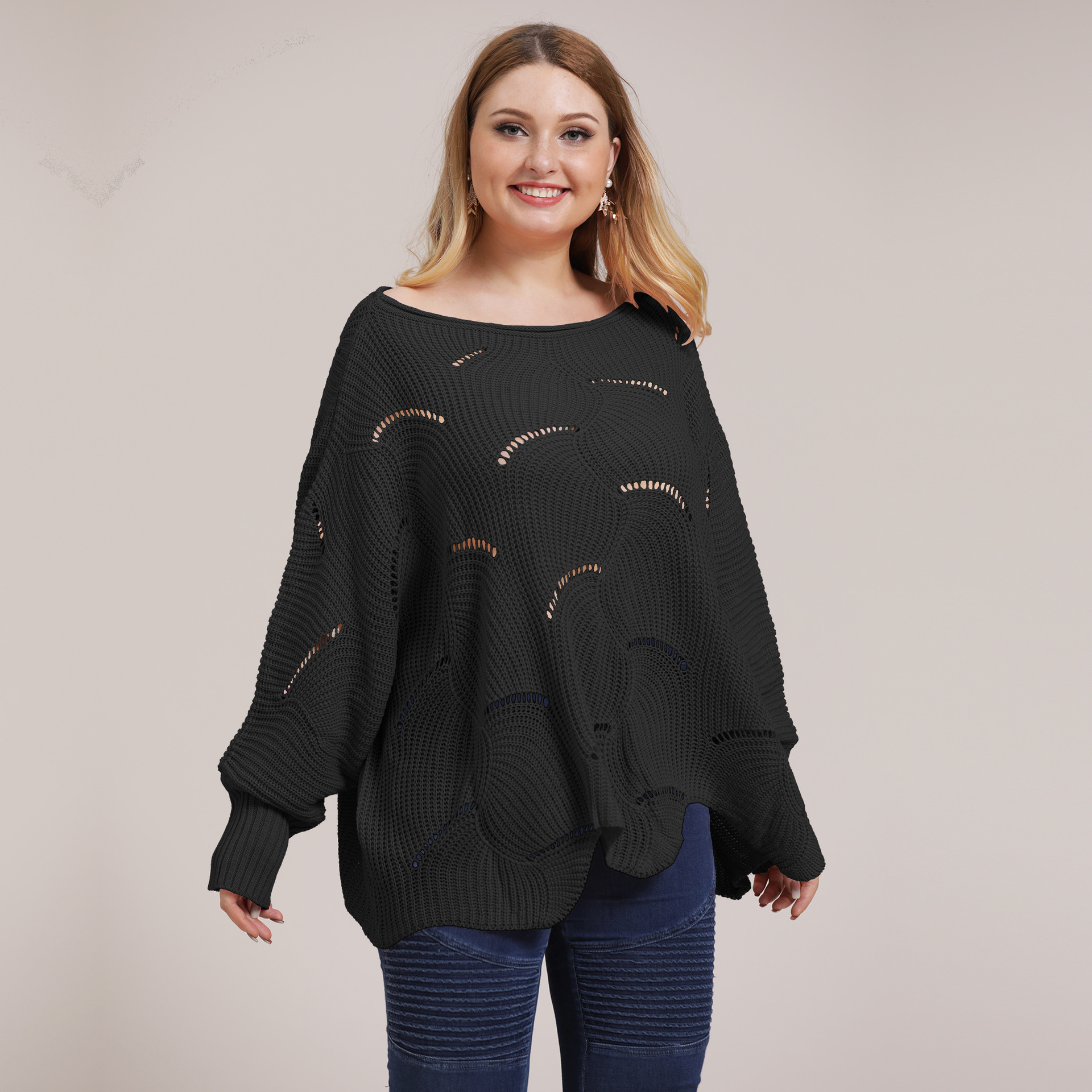 Plus Size Women's Irregular Batwing Sleeve Hollow Out Knit Sweater