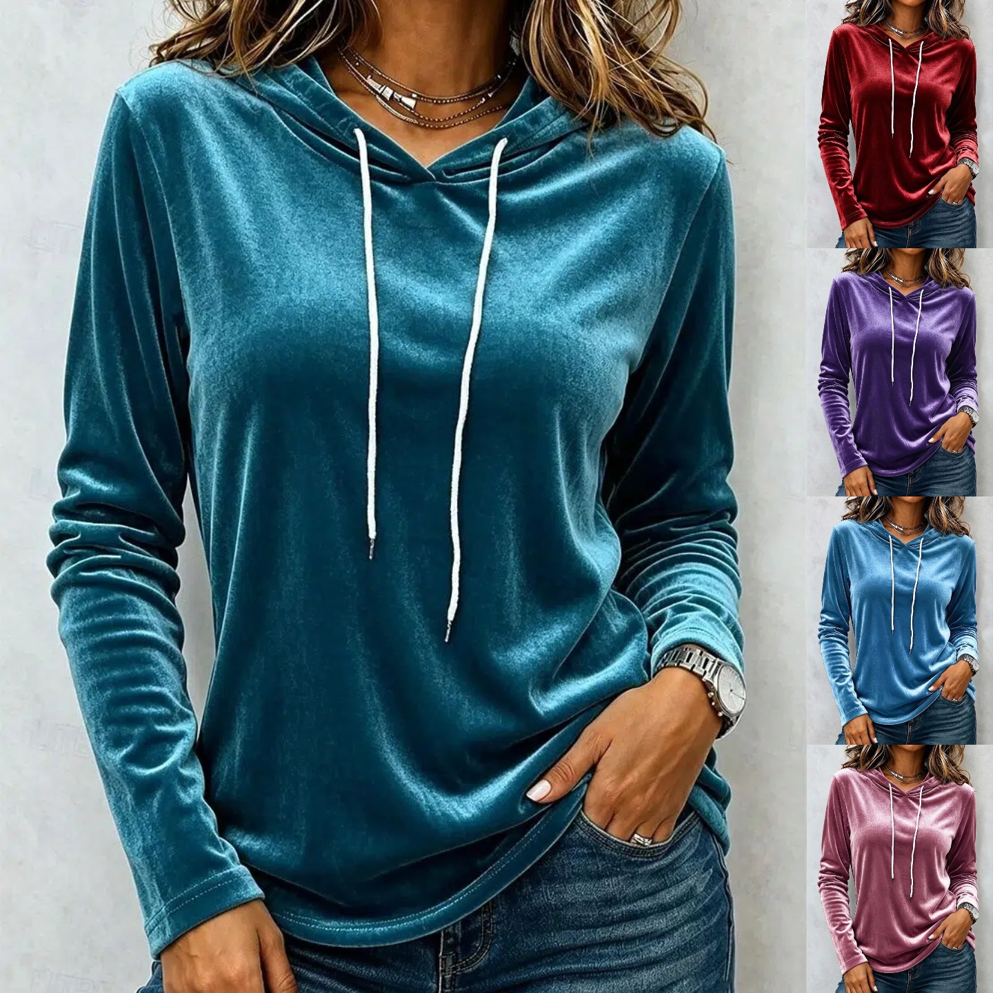 Drawstring Hooded Pullover Sweatshirt Women Loose Fit Long Sleeve