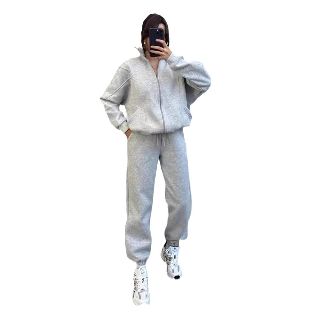 Women's Fleece-Lined Long-Sleeve Sweatsuit Set Solid Color Zip-Up