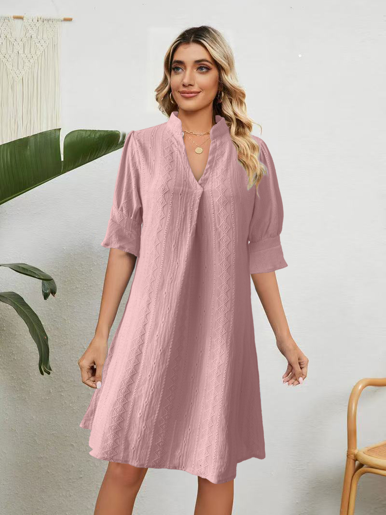 Women's V-Neck Half-Sleeve Pleated Solid Dress