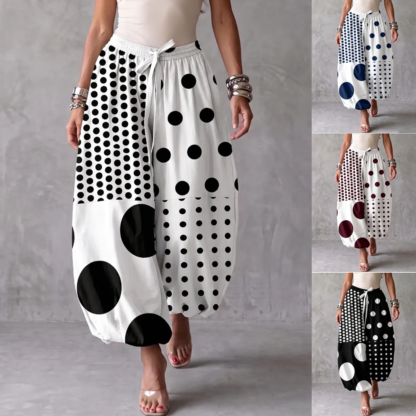 Asymmetric Polka Dot Print Drawstring Jogger Pants
