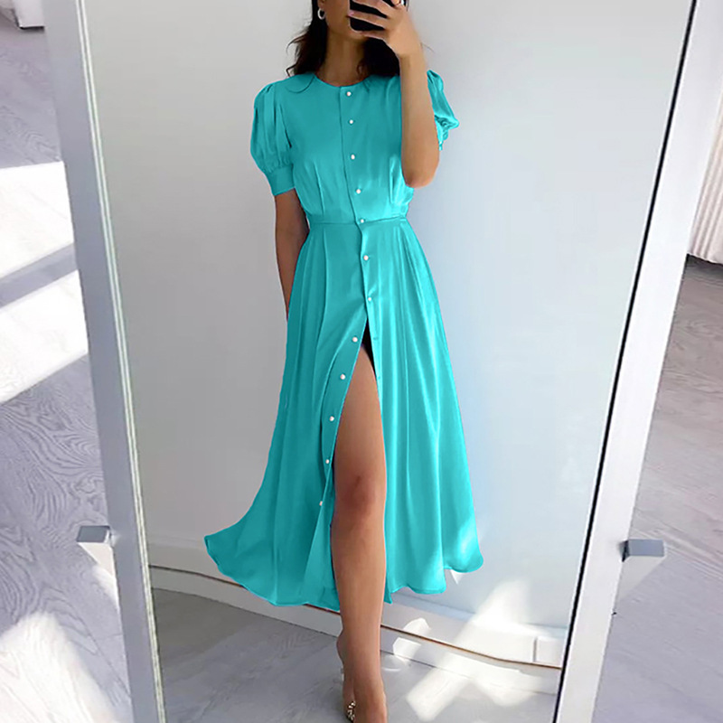 Solid Color High Waist Button-Front Midi Cardigan Dress