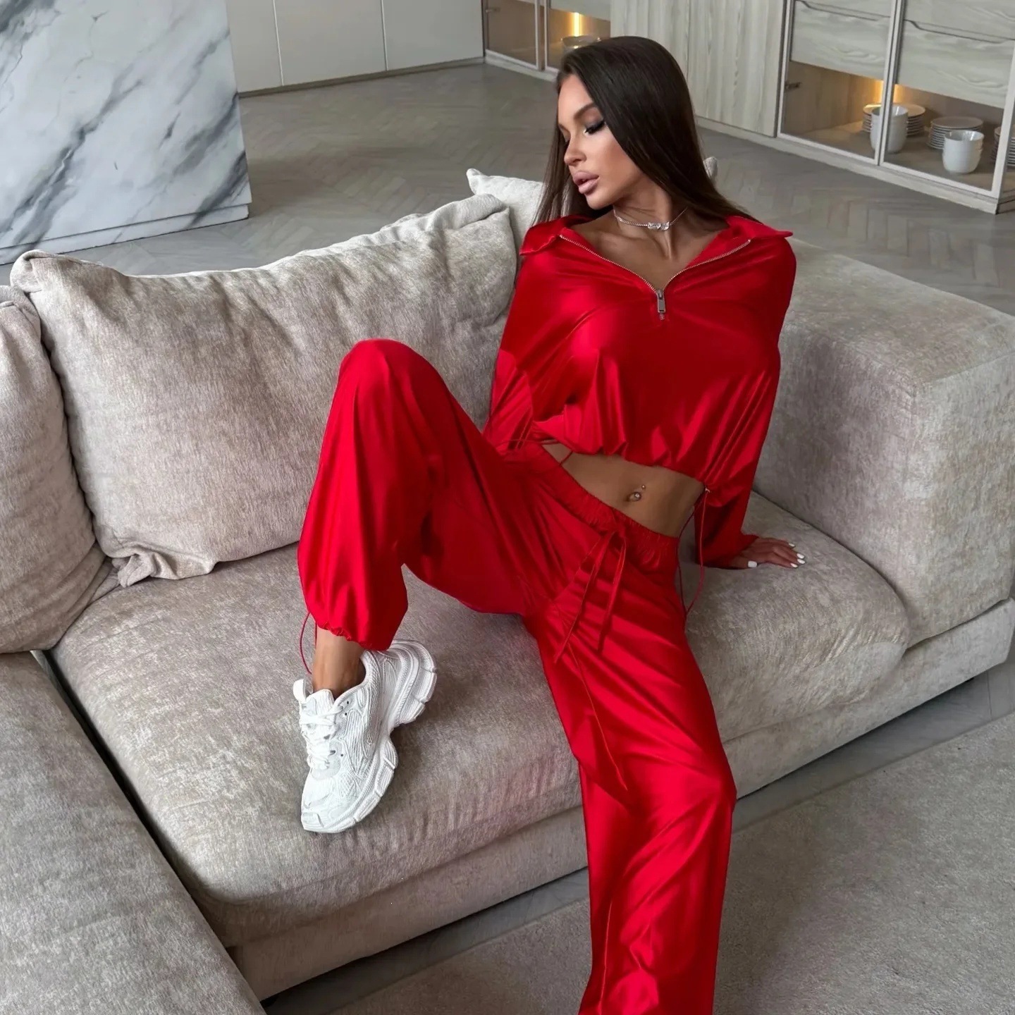 Women's Solid Color Long Sleeve Zip Cardigan and Wide-Leg Pants Lounge Set
