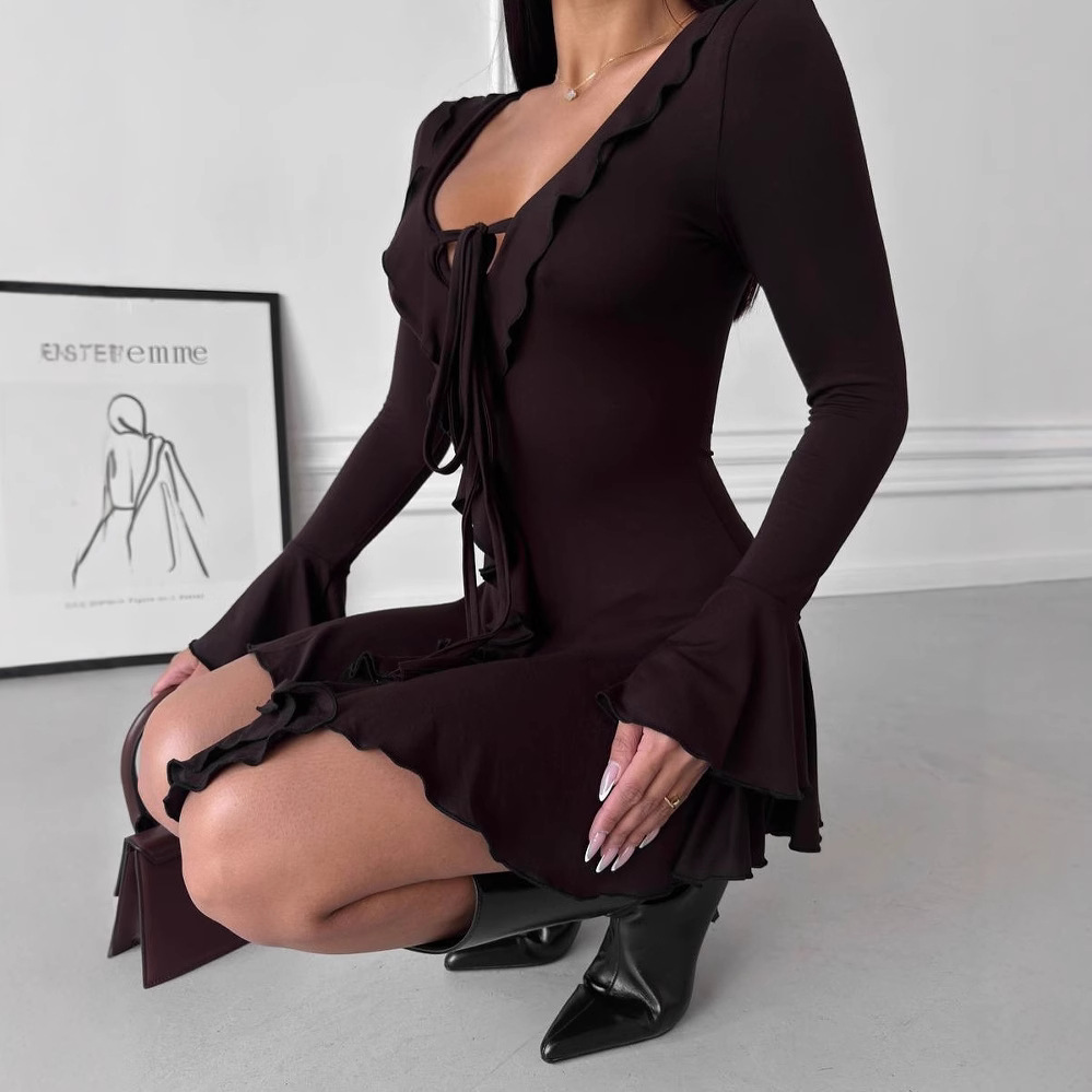 Women's Sexy Slim Fit Ruffle Long Sleeve Tie Dress
