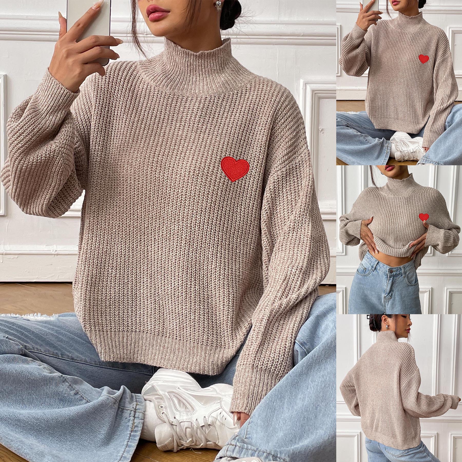 Heart Embroidered Mock Neck Pullover Sweater for Women