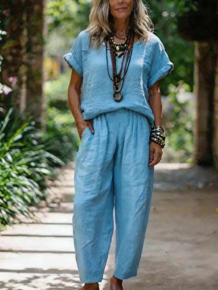 Women's Cotton-Linen Short Sleeve Crewneck Top and Straight-Leg Pants Set