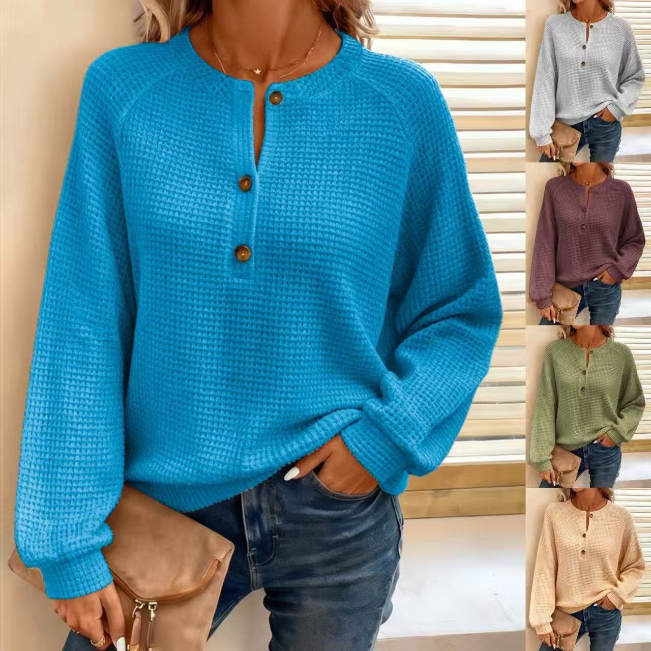 Women's Waffle Knit Long Sleeve Pullover Top Solid Color Crew Neck