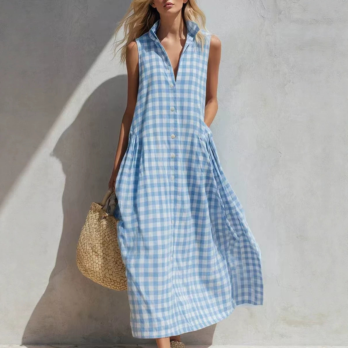 Women's Summer Sleeveless Plaid A-Line Midi Dress Loose Fit