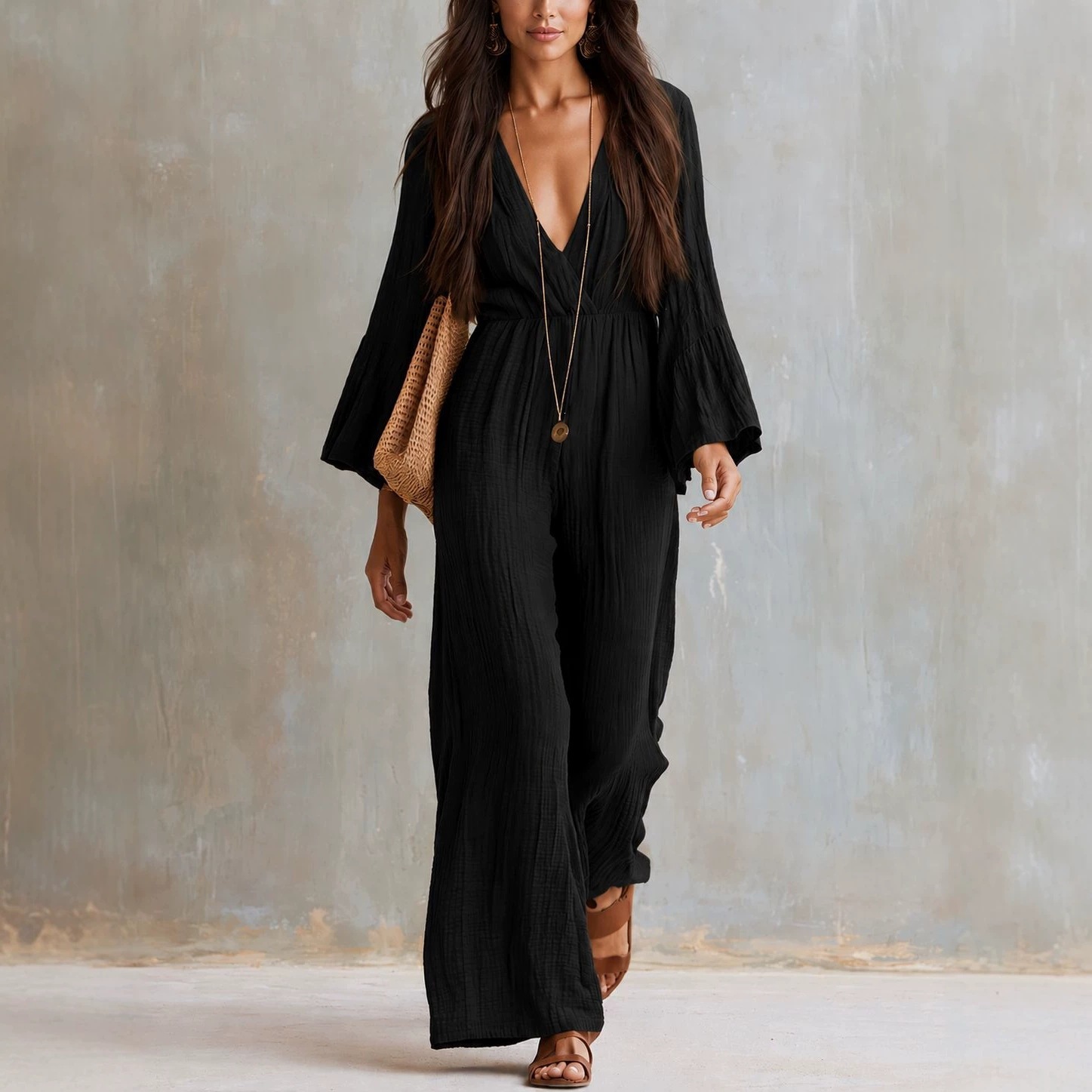 Boho V-Neck Long Sleeve Wide Leg Jumpsuit