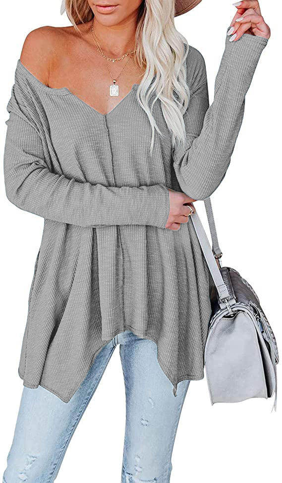 Women's Solid Color V-Neck Pullover Knit Top Long Sleeve Loose Fit