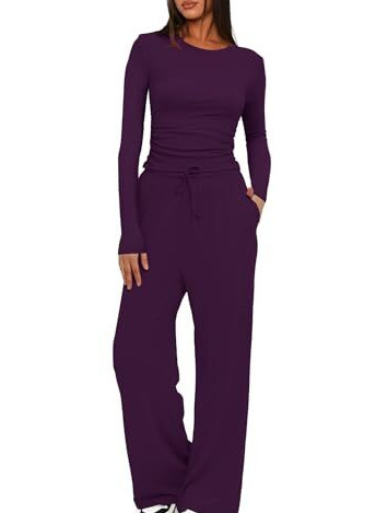 Solid Color Long Sleeve Top & High-Waist Wide-Leg Pants Set