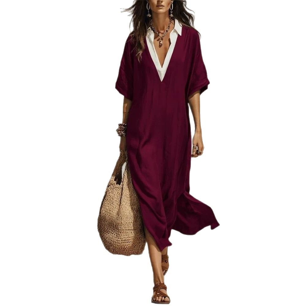 V-Neck Loose Half-Sleeve A-Line Midi Dress