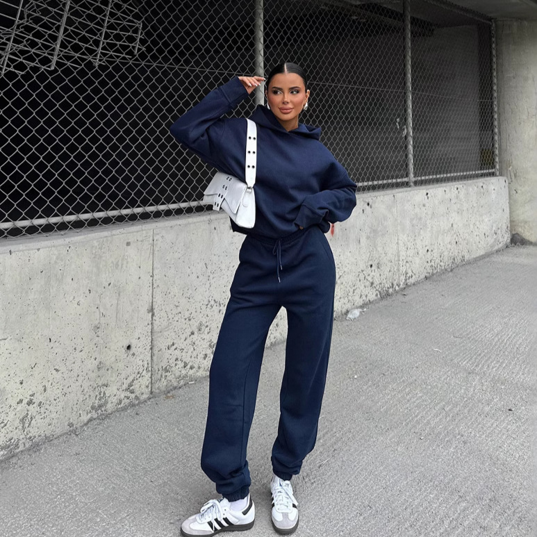 Women's Solid Hooded Long Sleeve Sweatshirt and Pants Set with Pockets