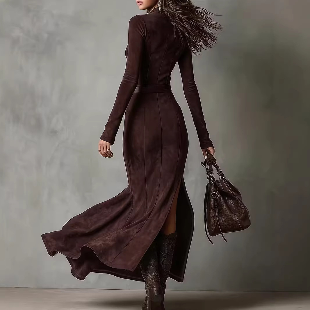 Dark Midi Dress with Slit, Belt, and Zip