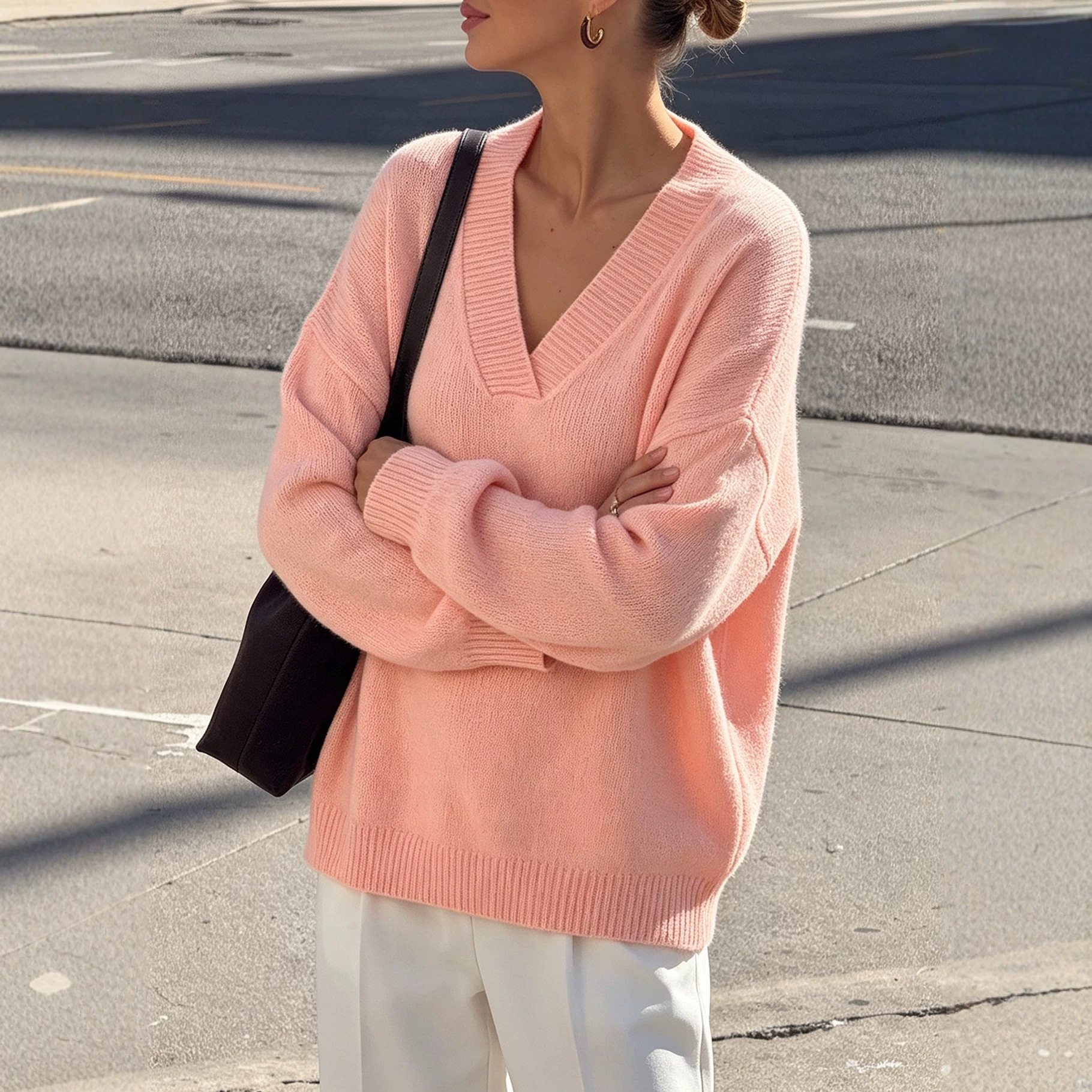 V-Neck Wool Knit Pullover Sweater Women Long Sleeve Warm Casual