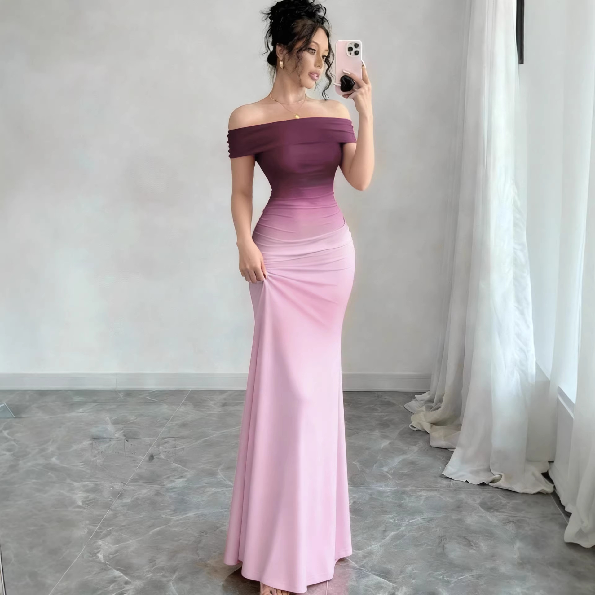 Women's Gradient Off-Shoulder Short Sleeve Bodycon Long Dress