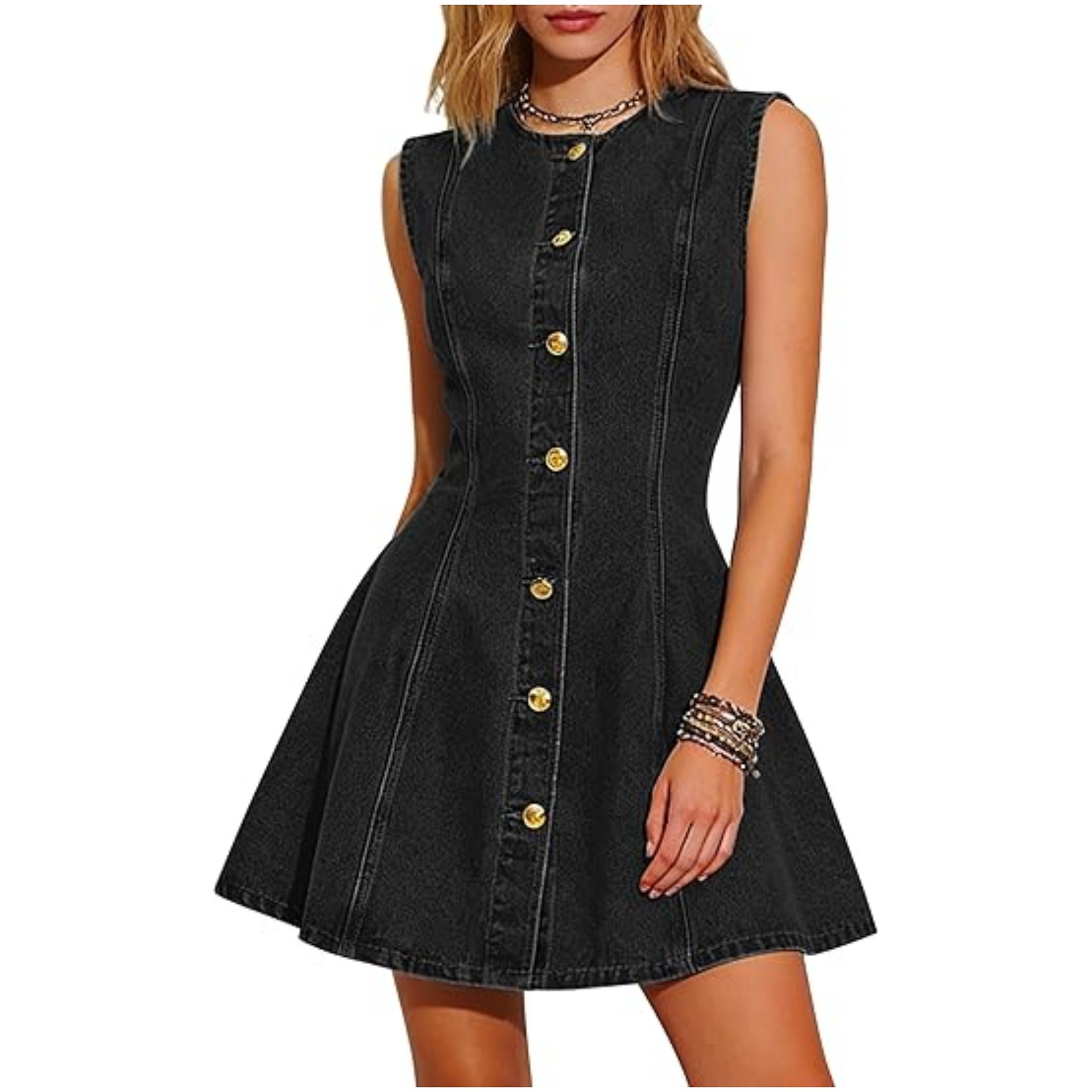 Women's Slim-Fit Washed Denim Sleeveless Button Dress with Side Pockets