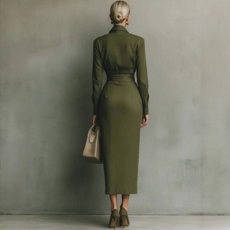 Slim-Fit Long-Sleeve Midi Dress with Polo Collar