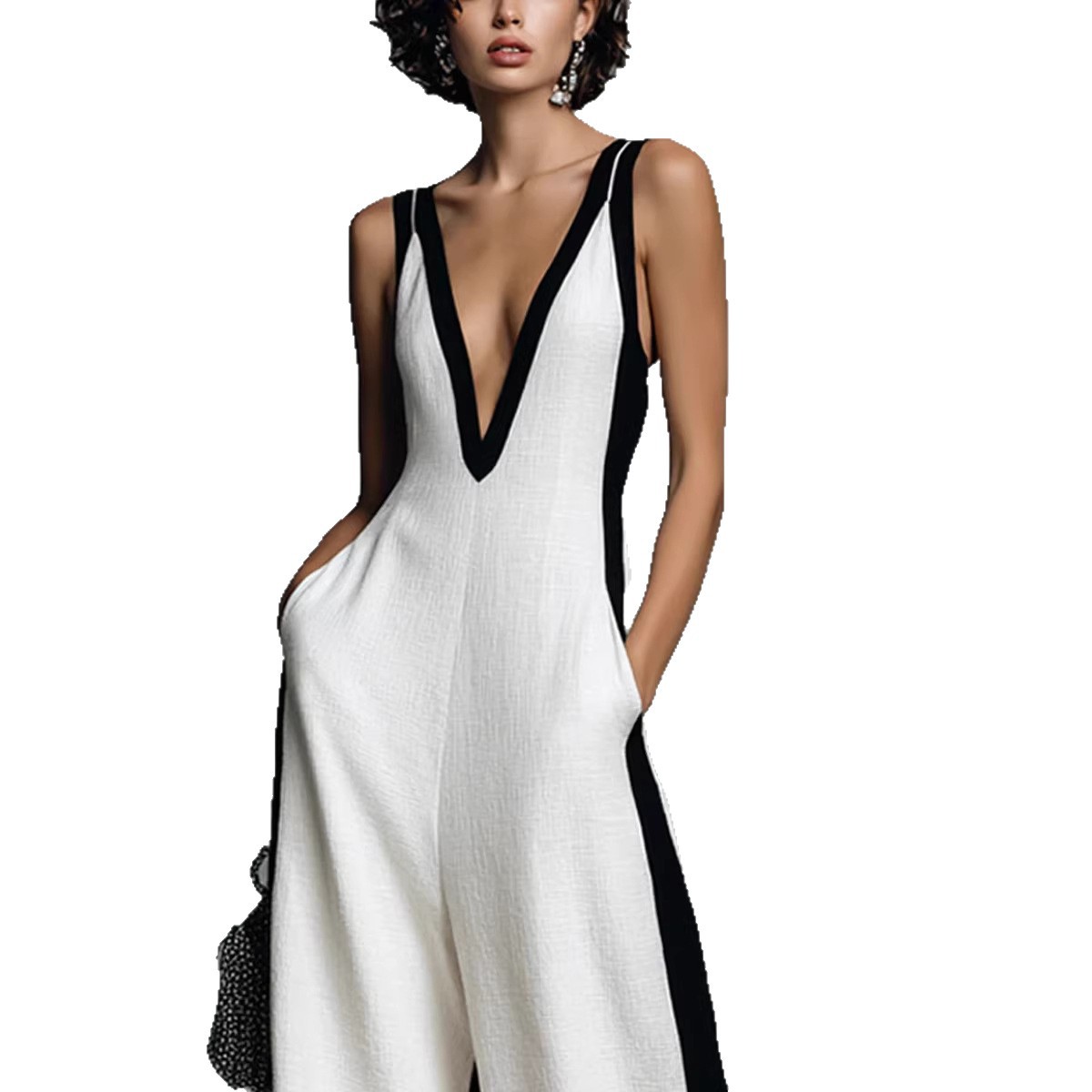 Sleeveless V-Neck Colorblock Wide-Leg Jumpsuit